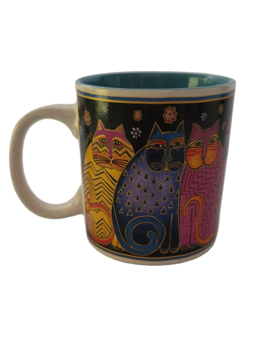 Laurel Burch Feline Clan Ceramic Coffee Mug Gold Accents Colorful 2014